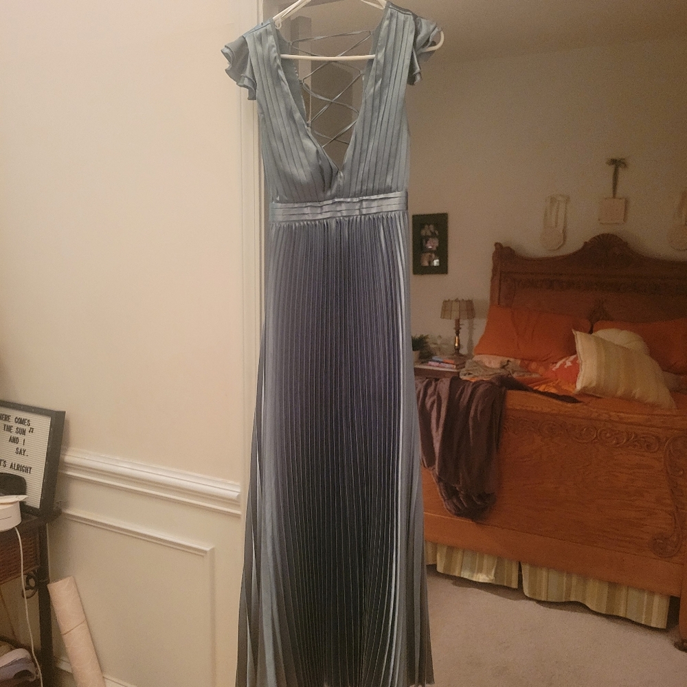 Exceptional Drama Sage Green Satin Lace-Up Pleated Maxi Dress